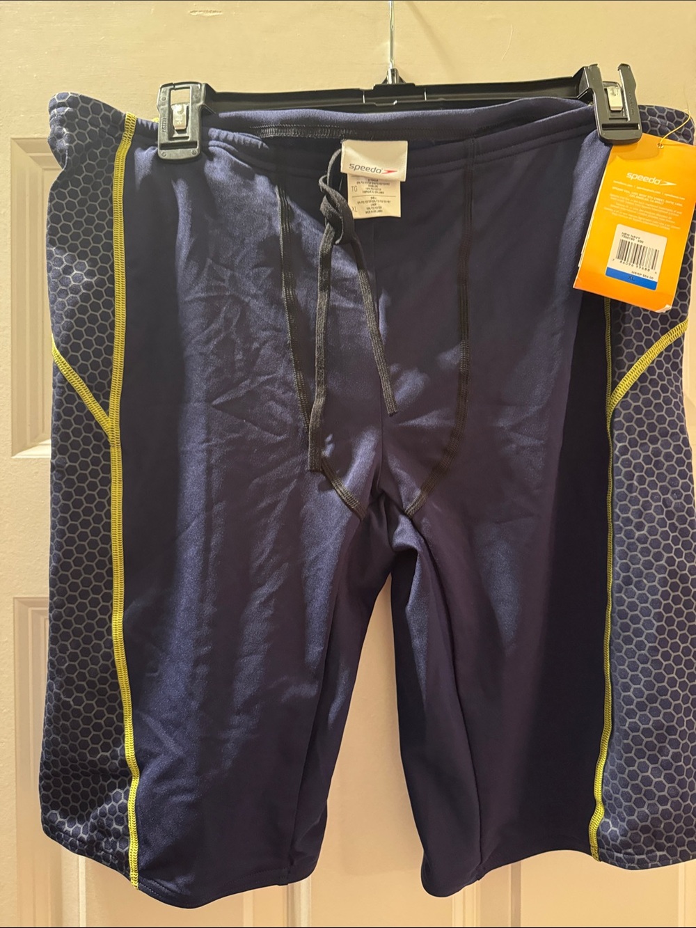 Speedo Men's Navy Swim Hybrids with yellow Contrast for swim and fitness.